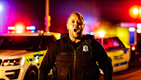 photo of police officer law enforcement standing working on scene with angry feeling at night, generative AIの素材