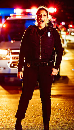 photo of police officer law enforcement standing working on scene with angry feeling at night, generative AIの素材