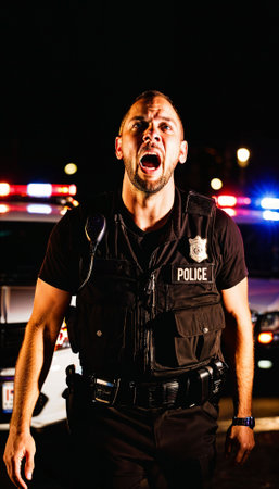 photo of police officer law enforcement standing working on scene with angry feeling at night, generative AIの素材