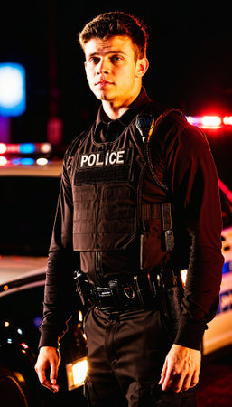 photo of adult teen new gen police officer law enforcement standing in front of police car at night with back light, generative AIの素材
