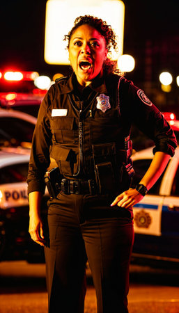 photo of police officer law enforcement standing working on scene with angry feeling at night, generative AIの素材