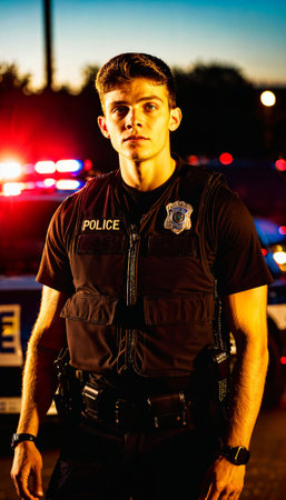 photo of adult teen new gen police officer law enforcement standing in front of police car at night with back light, generative AIの素材
