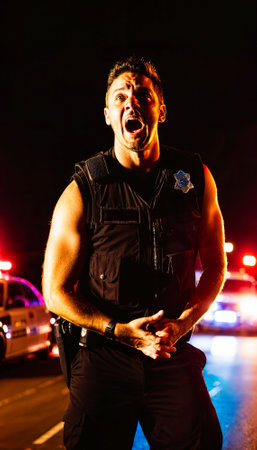 photo of police officer law enforcement standing working on scene with angry feeling at night, generative AIの素材
