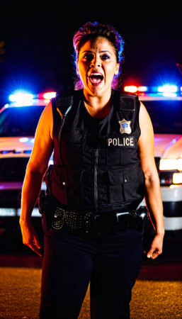 photo of police officer law enforcement standing working on scene with angry feeling at night, generative AIの素材