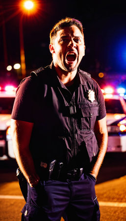 photo of police officer law enforcement standing working on scene with angry feeling at night, generative AIの素材