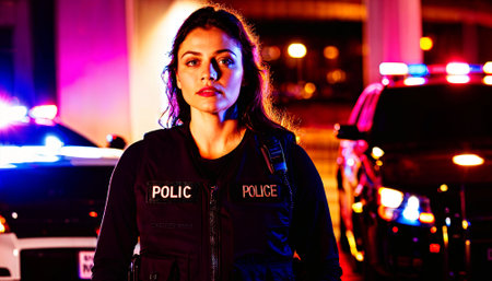 photo of adult teen new gen police officer law enforcement standing in front of police car at night with back light, generative AIの素材