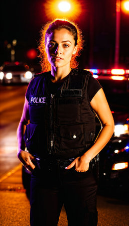 photo of adult teen new gen police officer law enforcement standing in front of police car at night with back light, generative AIの素材