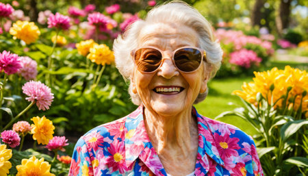 The senior woman wearing sunglasses and a floral print dress while standing in a garden filled with flowers.,generative AIの素材