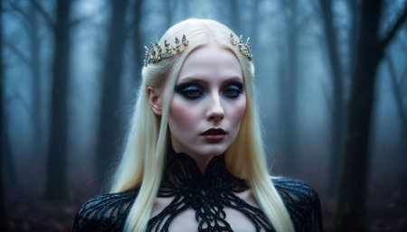 a woman wearing a black dress with a unique and intricate lace design. She is standing in a forest setting,, generative AIの素材