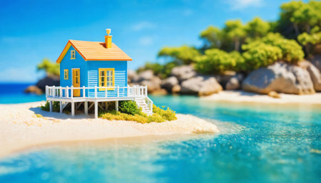 photo of miniature scene small model little house in ocean sea beach, generative AIの素材