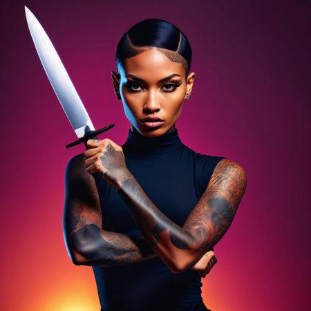 woman with a tattooed arm and a black shirt, holding a large knife in a pose standing in front of a purple background, generative AIの素材