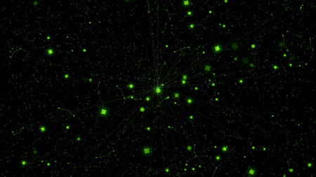 abstract glowing green geometry line connection particles wave moving digital background
