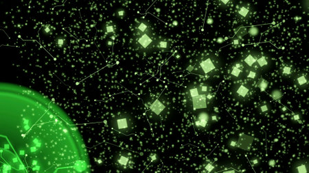 abstract glowing green geometry line connection particles wave moving digital backgroundの写真素材