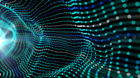 abstract digital tunnel flowing particles wave moving backgroundの写真素材
