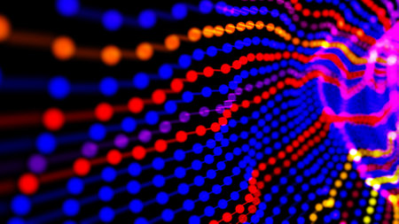 abstract colorful digital tunnel flowing particles wave moving backgroundの写真素材