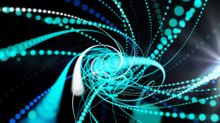 abstract green blue digital tunnel flowing particles wave moving background