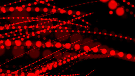 abstract red digital tunnel flowing particles wave moving backgroundの写真素材
