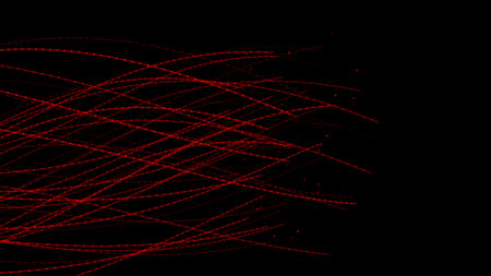abstract red digital tunnel flowing particles wave moving backgroundの写真素材
