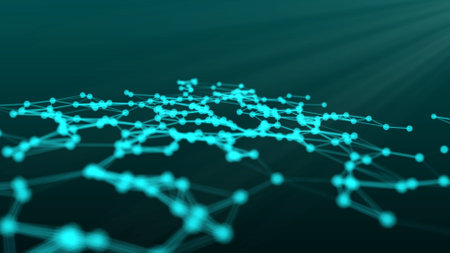 abstract green blue digital flowing particles plexus connection moving backgroundの写真素材