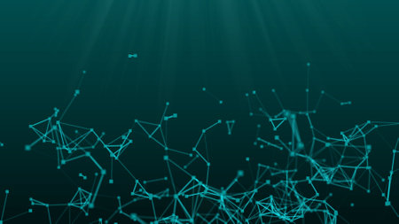 abstract green blue digital flowing particles plexus connection moving backgroundの写真素材
