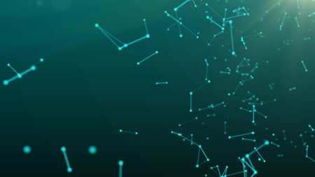 abstract green blue digital flowing particles plexus connection moving backgroundの写真素材