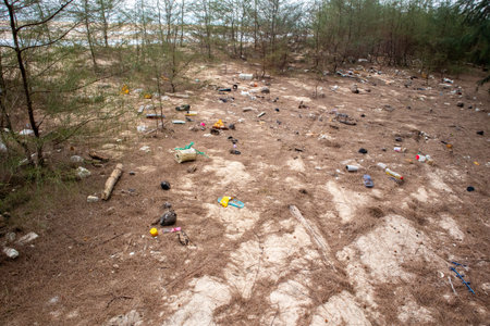 garbage and dirty Sand Beach in Pak Phanang district at at Nakornsrithammarat, Thailandの写真素材