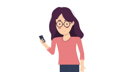 flat character of young girl woman character with pink top holding mobile phone explaining poseのイラスト素材