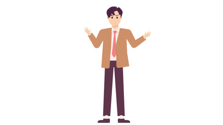 flat character of young man character with brown blazer suit explaining poseのイラスト素材