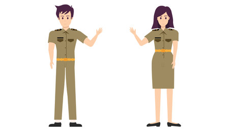 flat character of Thai government officer with official uniform outfit explaining poseのイラスト素材
