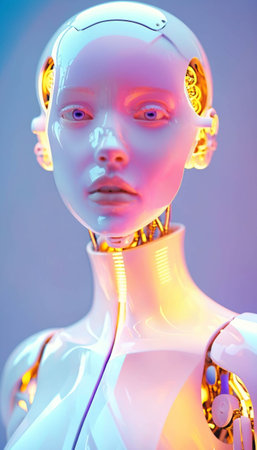 photo of human cyborg woman with glowing light, generative AIの素材