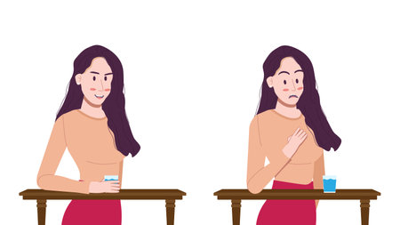 flat character of adult female with shirt outfit standing pose with table and glass of waterのイラスト素材