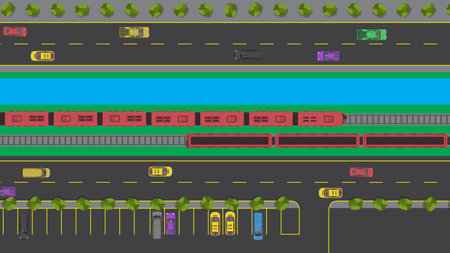 top view of street car vehicle and railroad train track transportのイラスト素材