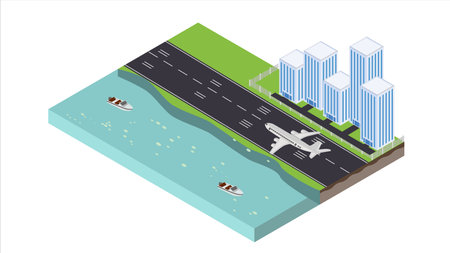 isometric scene of transport train in runway and coast seaのイラスト素材
