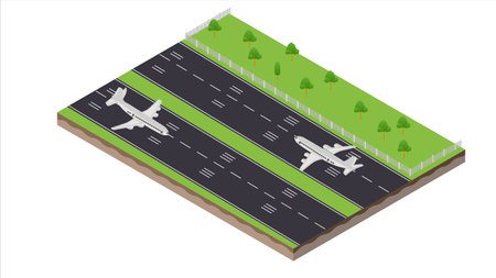 isometric scene of transport airplane in runway and coast seaのイラスト素材