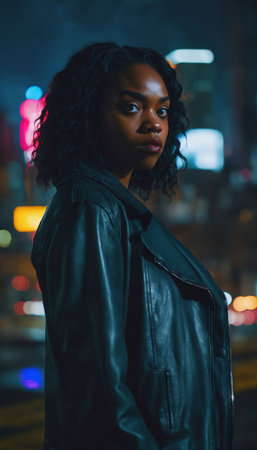 photo of beautiful adult african woman with hood coat standing posing for picture at night future city, generative AIの素材