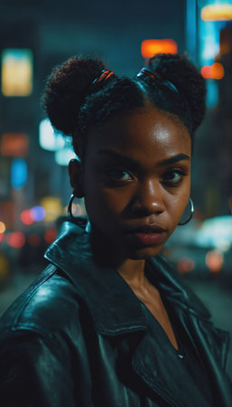 photo of beautiful adult african woman with casual wear standing posing for picture at night future city, generative AIの素材