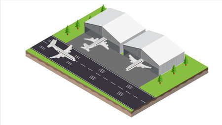isometric scene of transport airplane in runway and hangarのイラスト素材