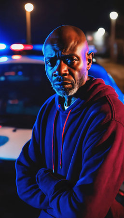 photo of portrait close up view of criminal suspect in crime scene standing in front of police car at night and red blue light, generative AIの素材