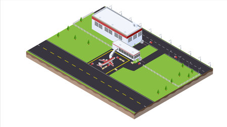 isometric scene of transport airplane and airport luggage transportation vehicle at airportのイラスト素材