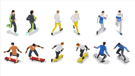 isometric set of man people running and skateboarding pose activityのイラスト素材