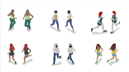 isometric set of woman people running pose activityのイラスト素材