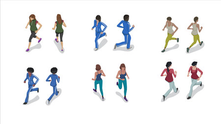 isometric set of woman people running pose activityのイラスト素材