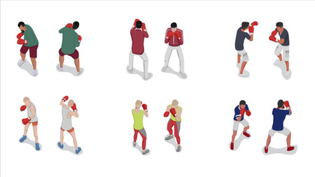 isometric set of man people practice boxing and punching pose activityのイラスト素材