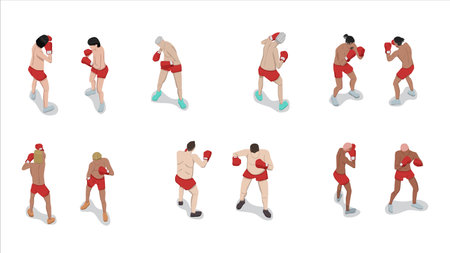 isometric set of man people practice boxing and punching pose activityのイラスト素材