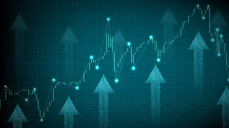 abstract background of stock market Polygon wireframe and candle stick on graph chartのイラスト素材