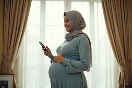 photo of muslim pregnant woman with hijab happy standing holding mobile phone at house, generative AIの素材