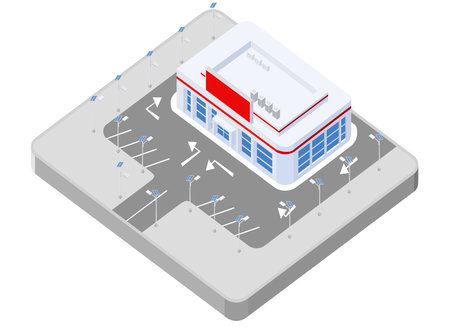 isometric scene of community shopping mall center building and parking lotのイラスト素材