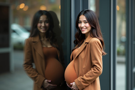 photo of happy pregnant woman standing and posing for picture with mirror and glass wall in background, generative AIの素材