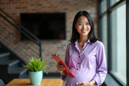 photo of happy pregnant woman working and holding folder document at her office, generative AIの素材