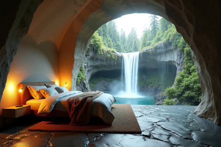 photo of concept bedroom inside giant stone and cave with nature sea and waterfall in background, generative AIの素材